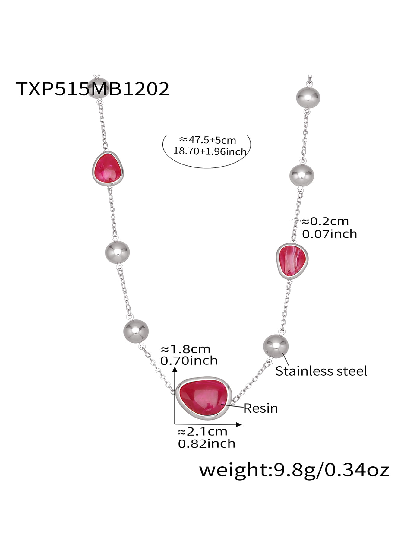 Rose pink resin stone bead necklace made of 316L stainless steel silver tone