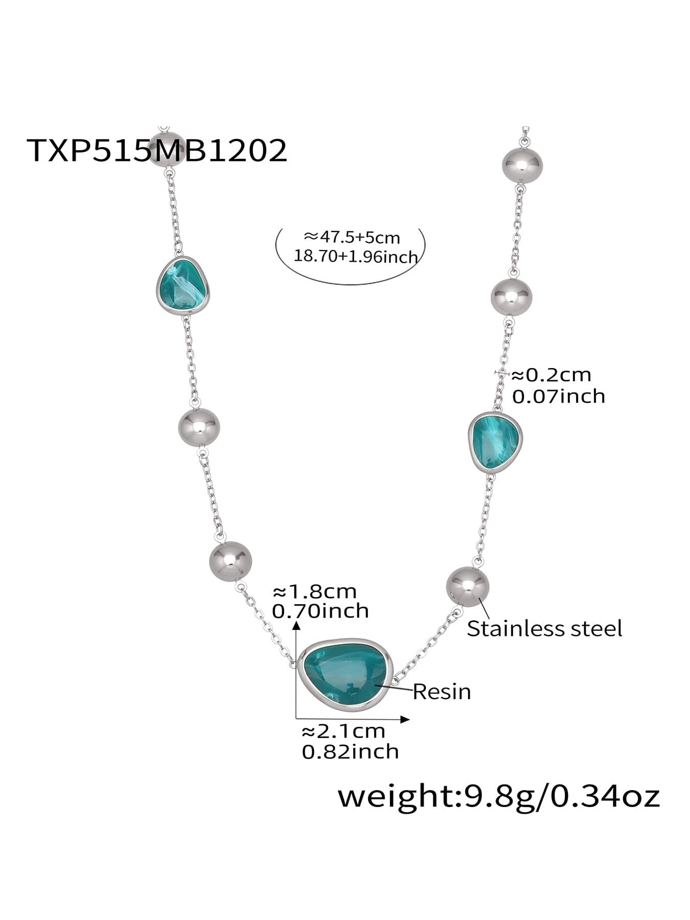 Teal resin stone bead necklace crafted from 316L stainless steel silver tone