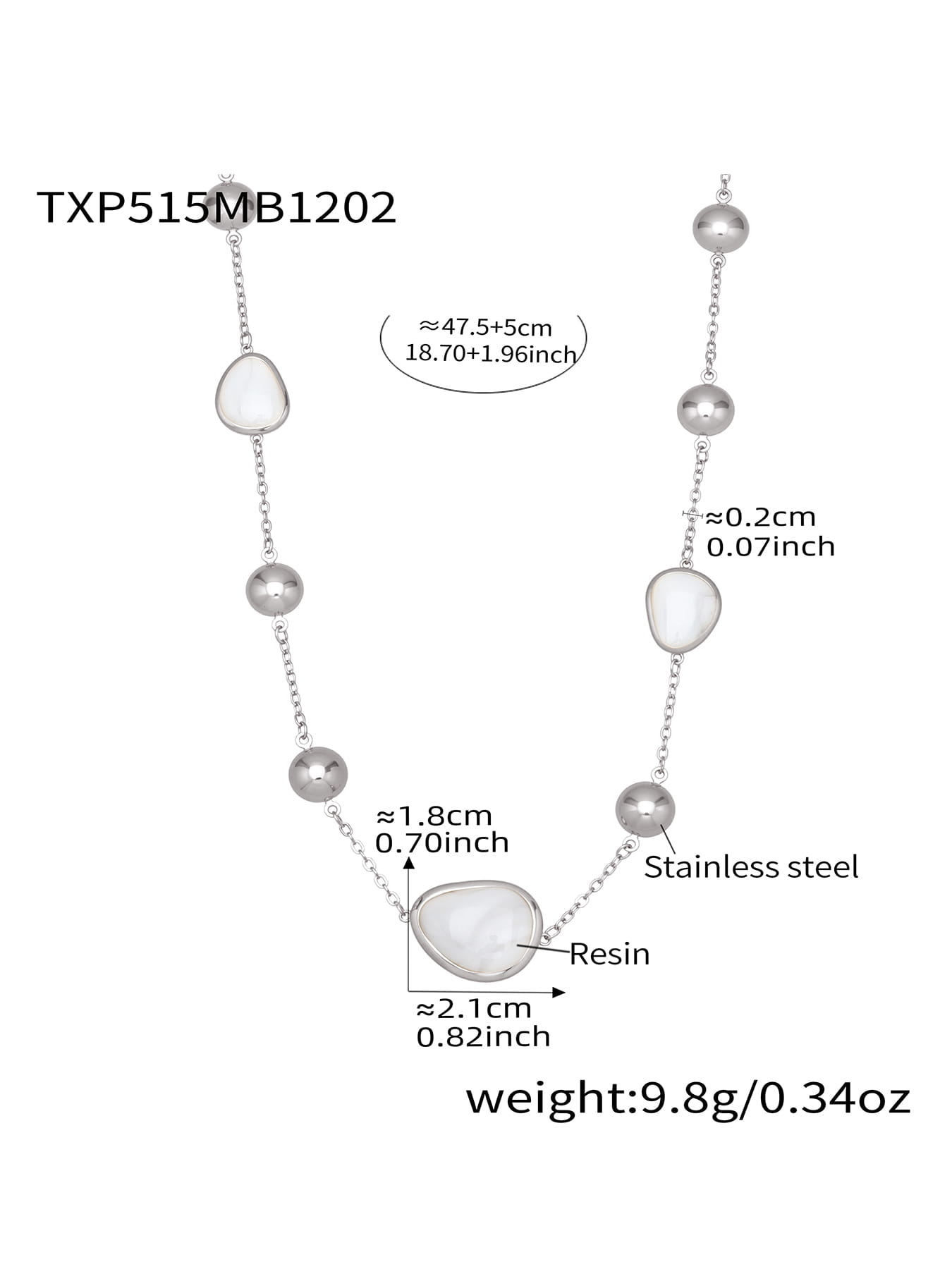 White resin stone bead necklace in silver tone 316L stainless steel