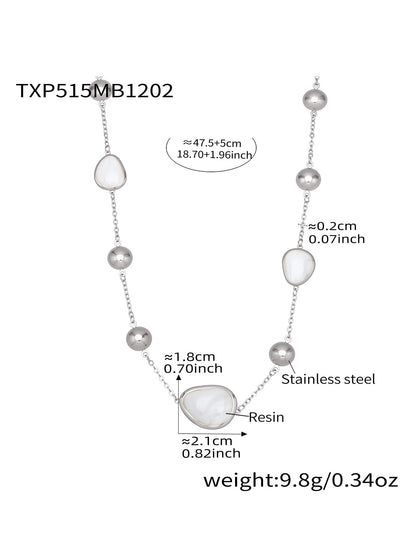 White resin stone bead necklace in silver tone 316L stainless steel