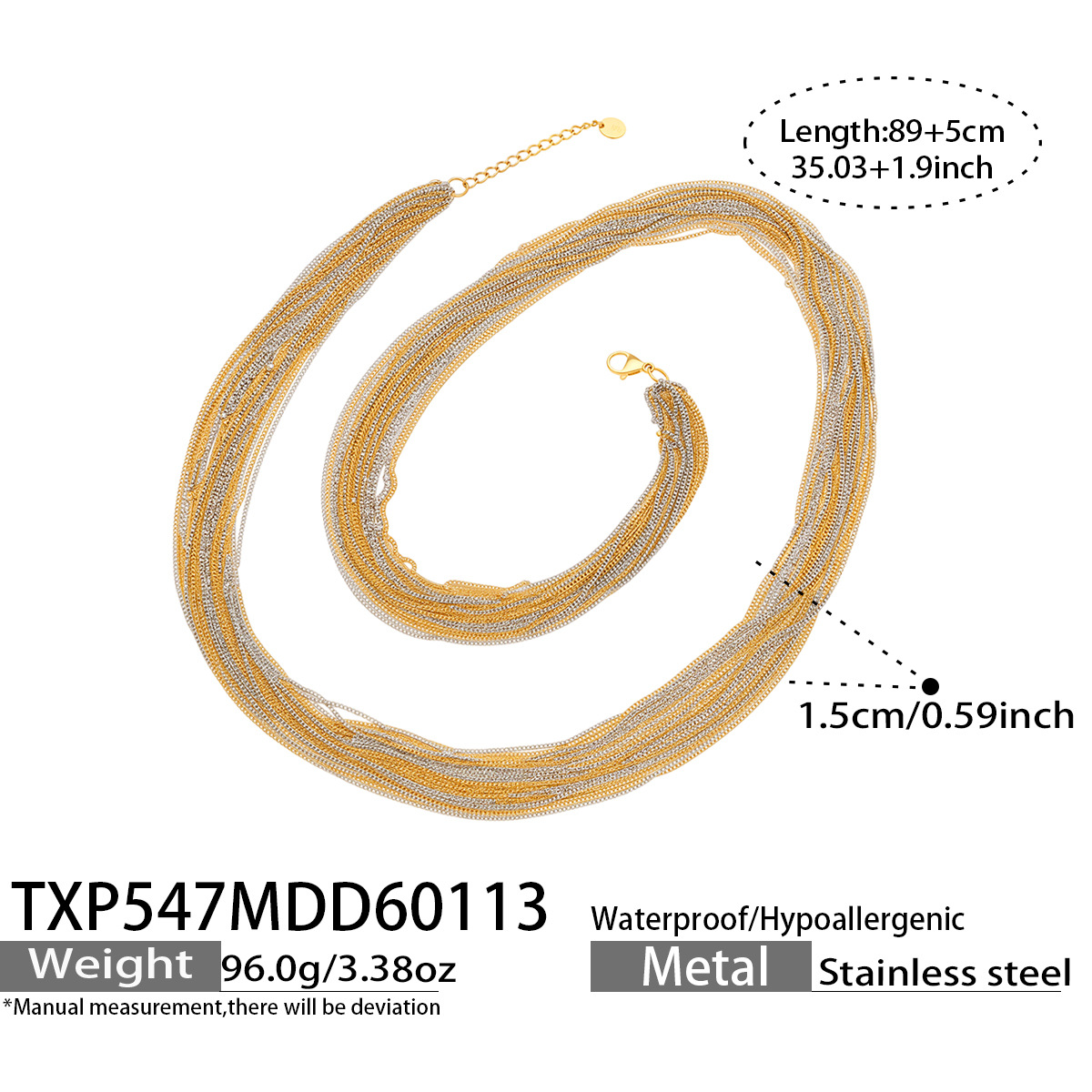 TXP547BA two-tone necklace size details, 89+5 cm length and 1.5 cm width