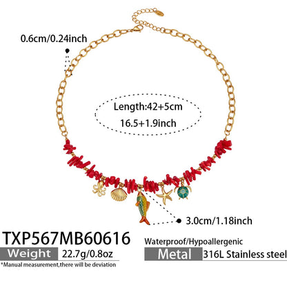 TXP567 gold ocean animal charm necklace size card showing 42 plus 5cm length with turtle and marine charm details