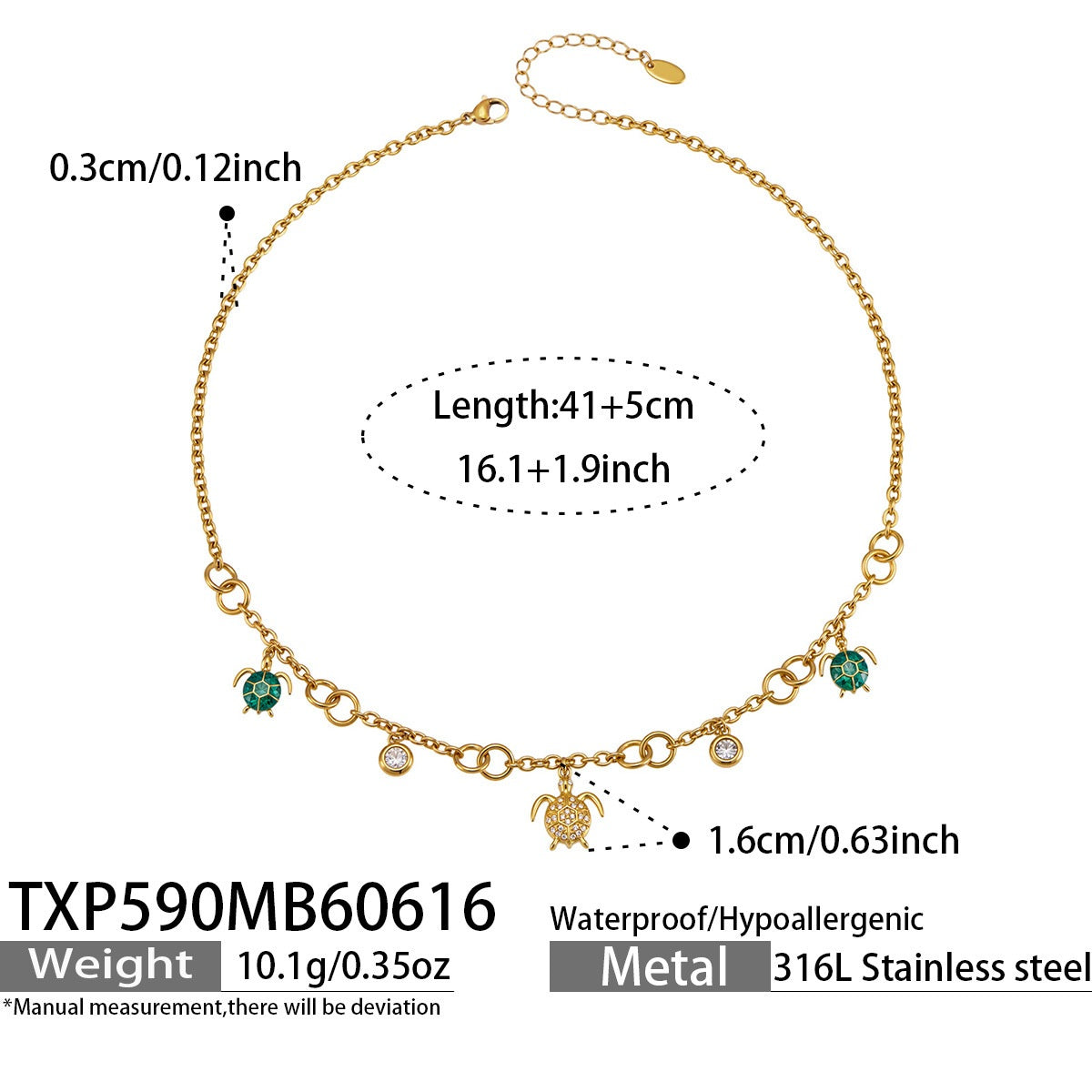 TXP590 gold turtle ocean charm necklace size card showing 41 plus 5cm length with 18K PVD gold finish