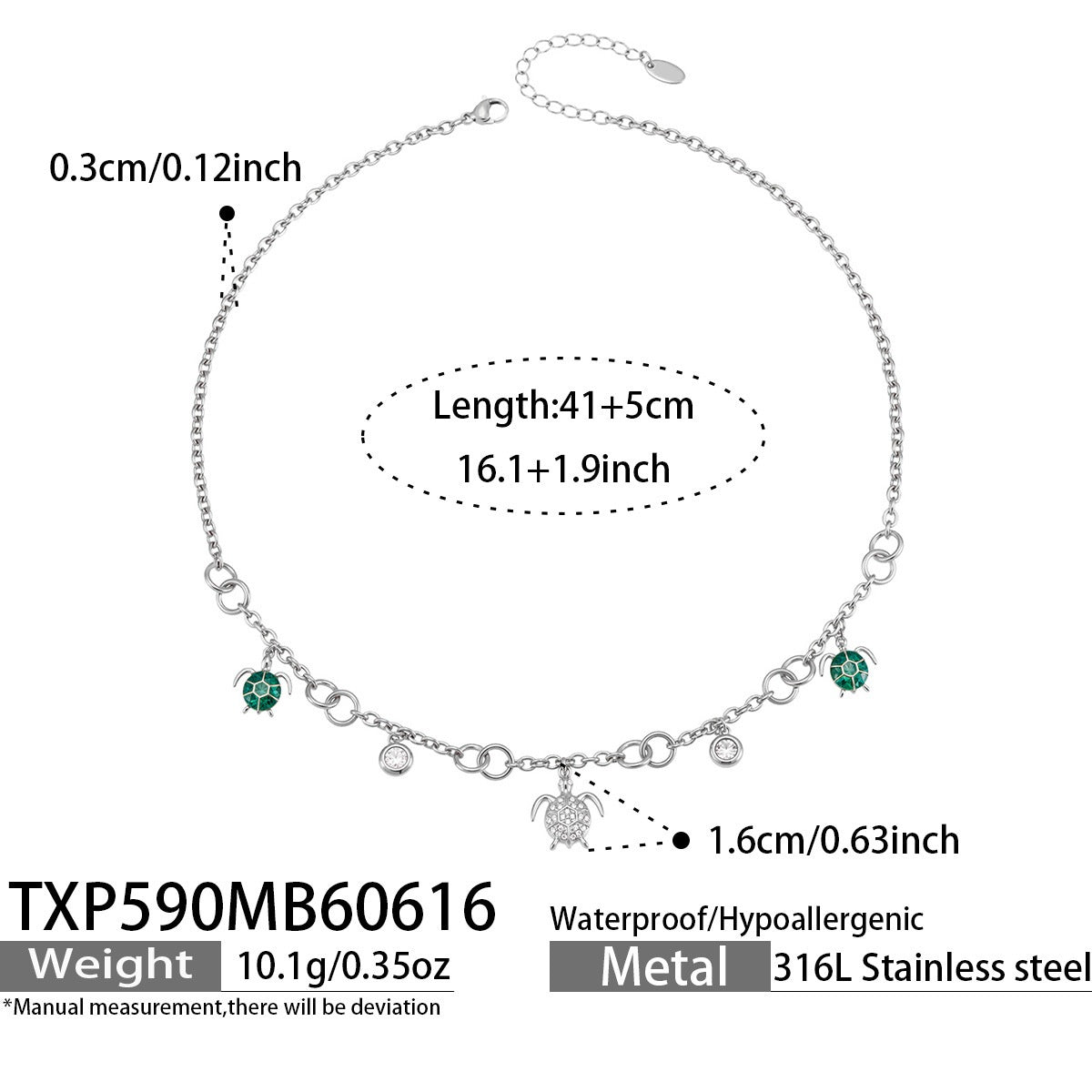 TXP590 steel turtle ocean charm necklace size card showing 41 plus 5cm length and stainless steel material
