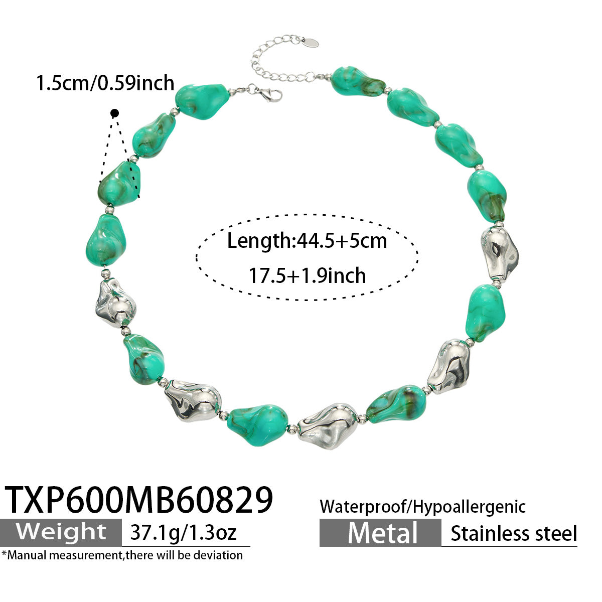 TXP600 green resin necklace with polished steel finish size and product details