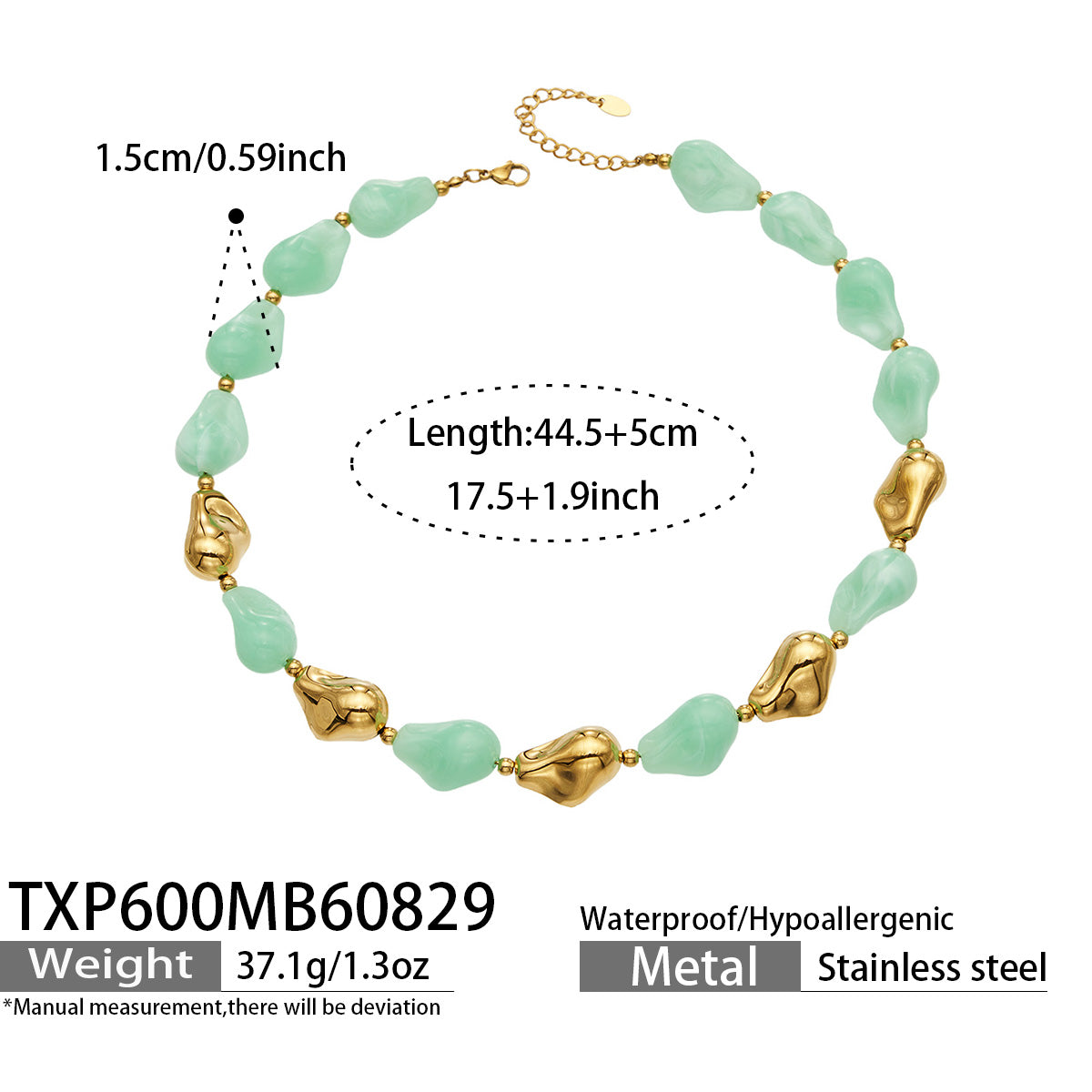 TXP600 light green resin necklace with gold finish size and product details