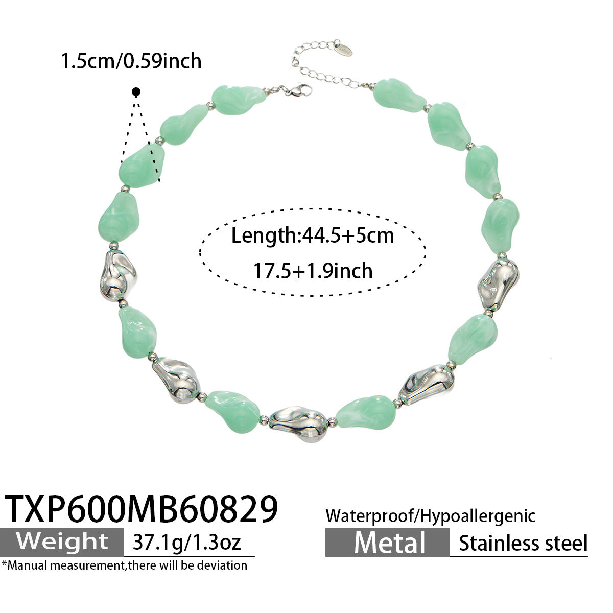 TXP600 light green resin necklace with polished steel finish size and product details