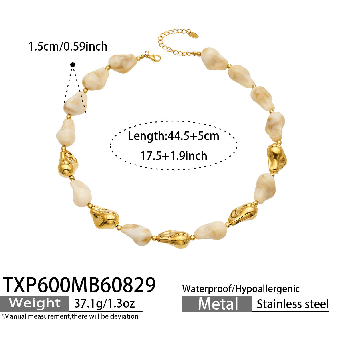 TXP600 neutral resin necklace with gold finish size and product details