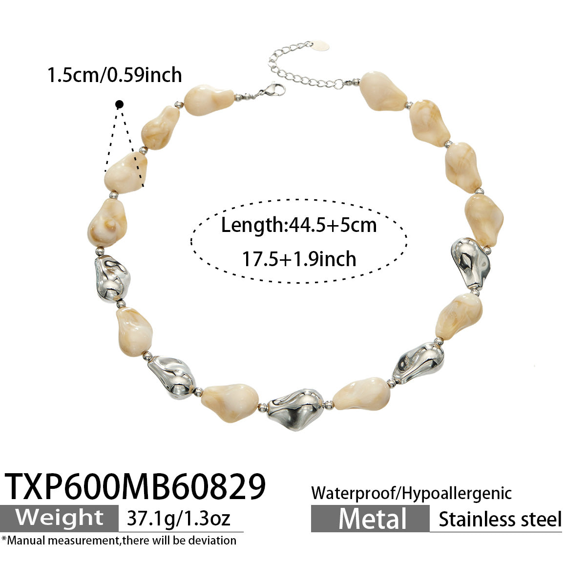 TXP600 neutral resin necklace with polished steel finish size and product details
