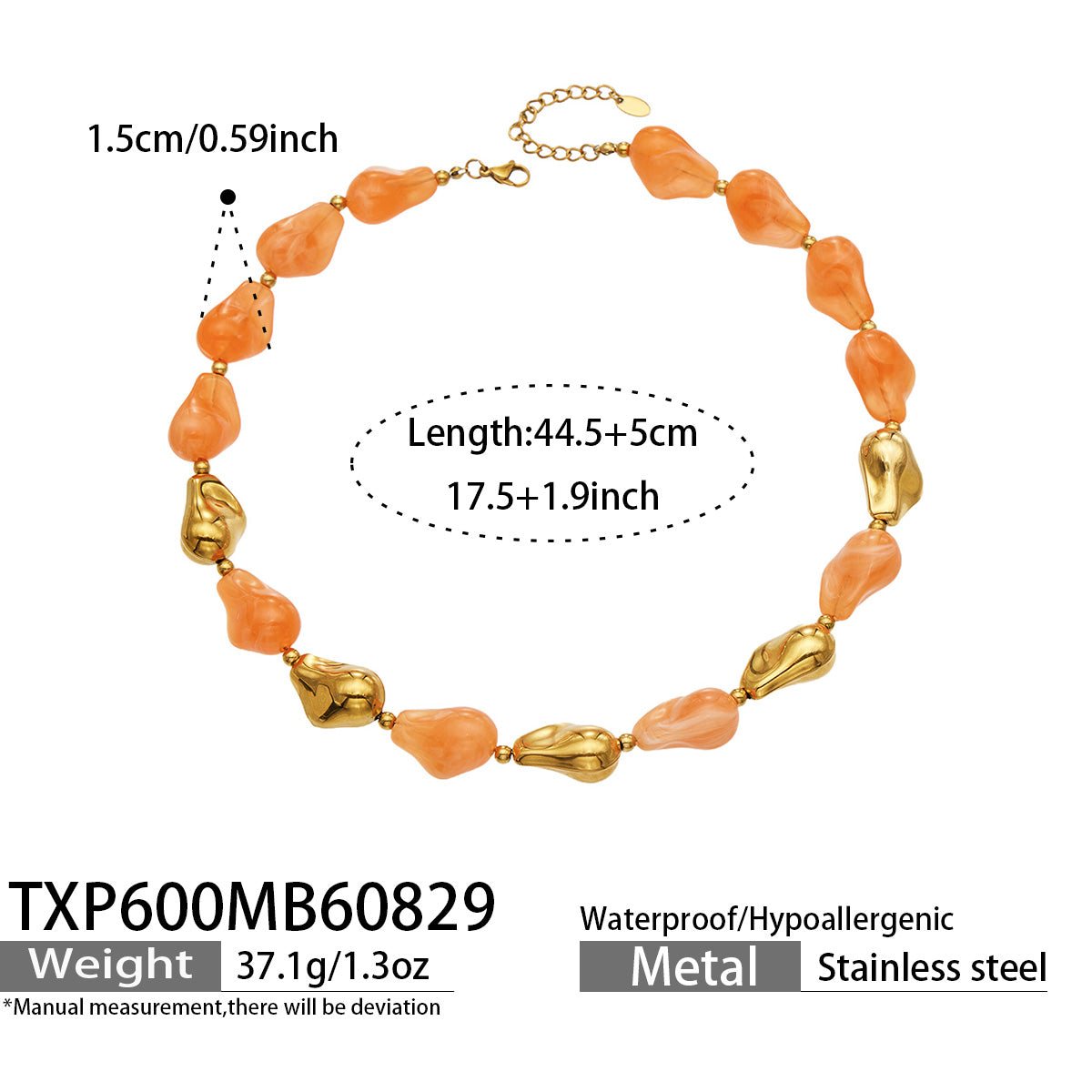 TXP600 orange resin necklace with gold finish size and product details