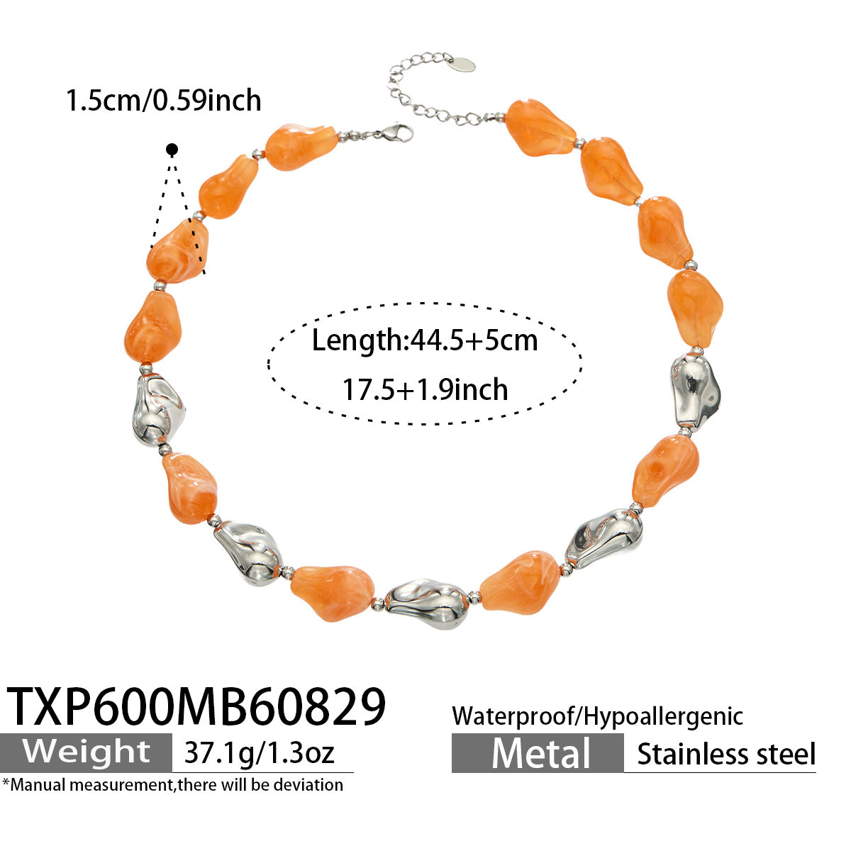 TXP600 orange resin necklace with polished steel finish size and product details