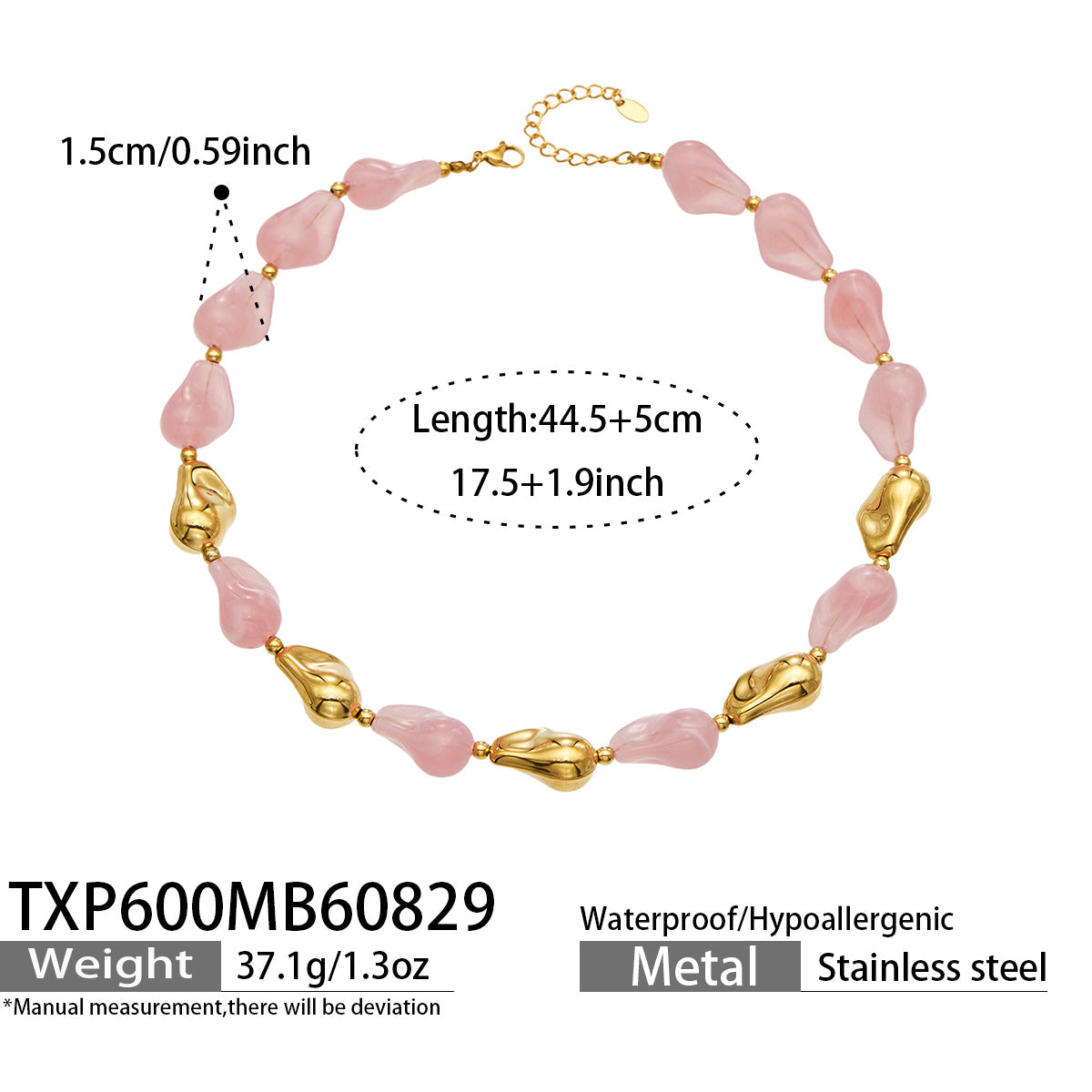 TXP600 pink resin necklace with gold finish size and product details
