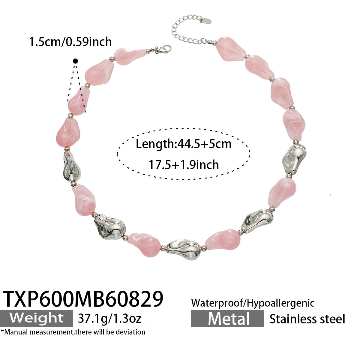 TXP600 pink resin necklace with polished steel finish size and product details