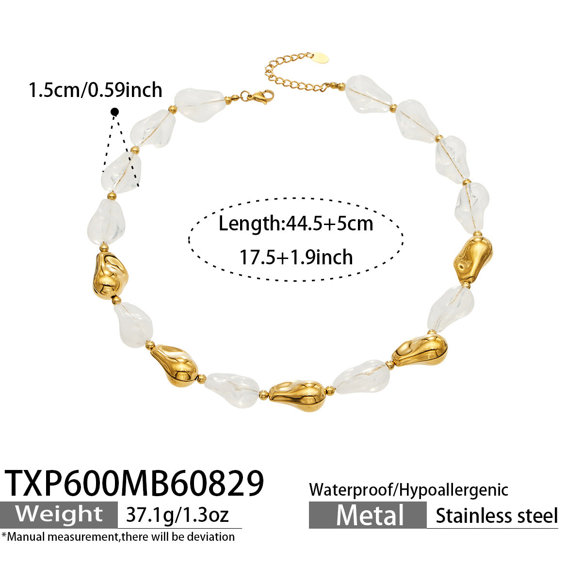 TXP600 white resin necklace with gold finish size and product details