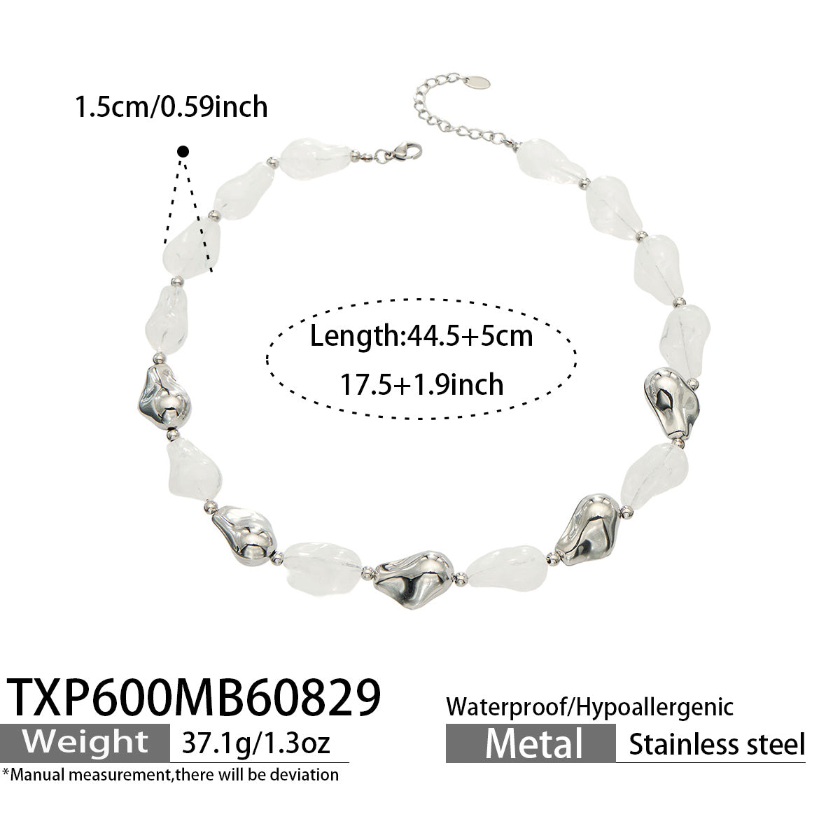 TXP600 white resin necklace with polished steel finish size and product details