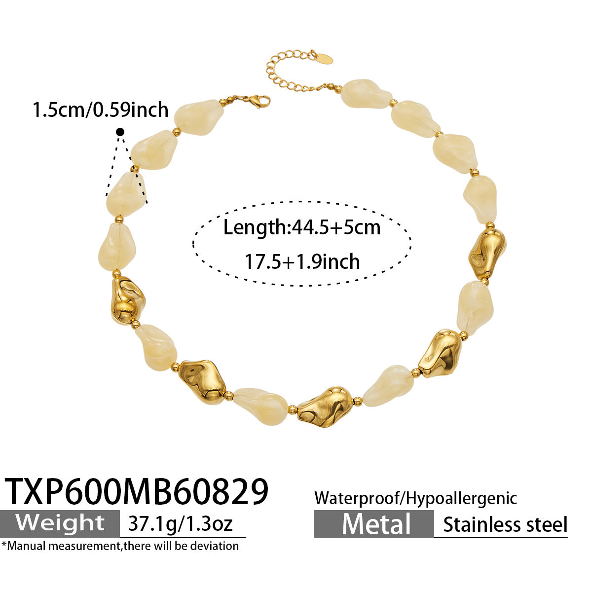 TXP600 yellow resin necklace with gold finish size and product details