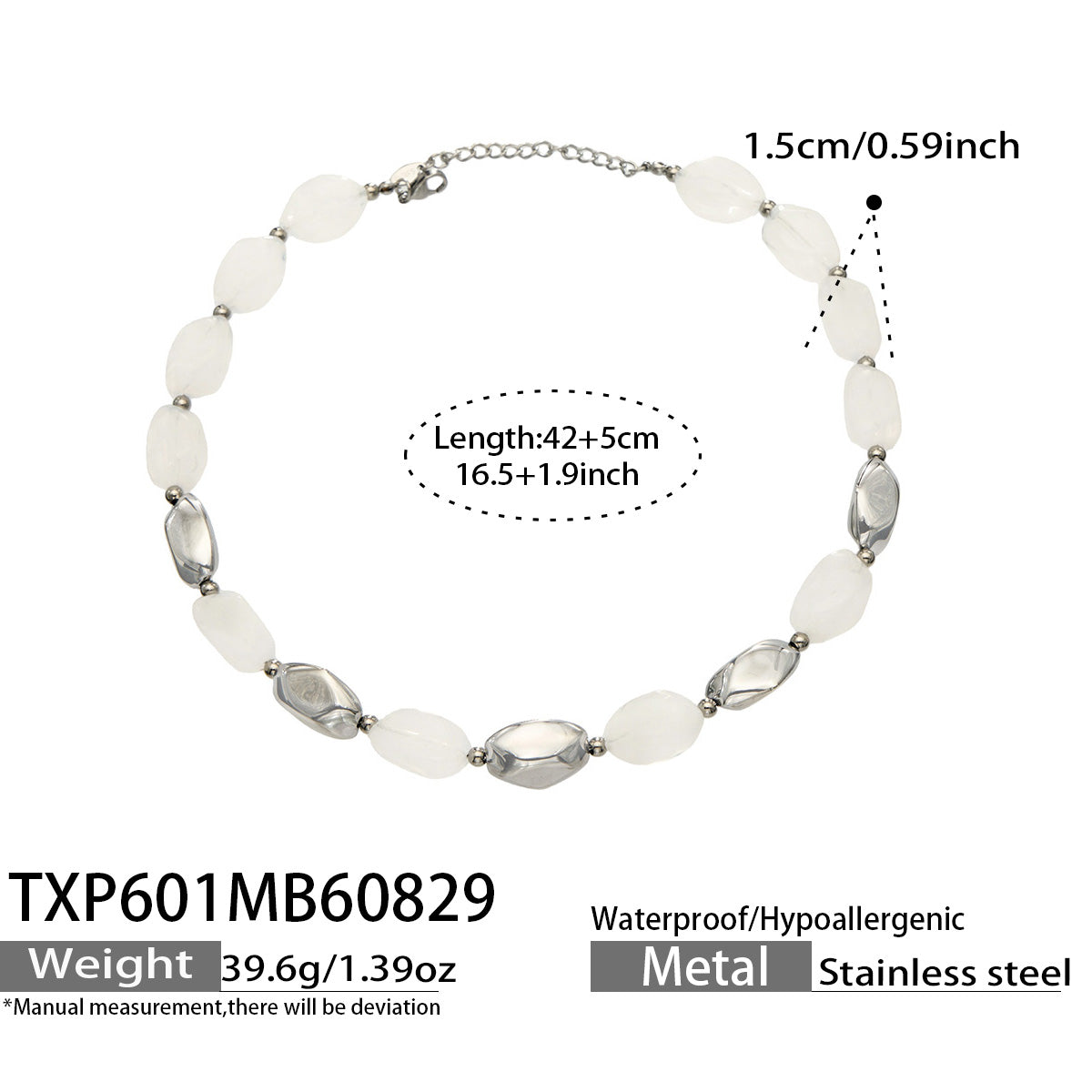 TXP601 white resin bead necklace with polished steel accents and necklace length details