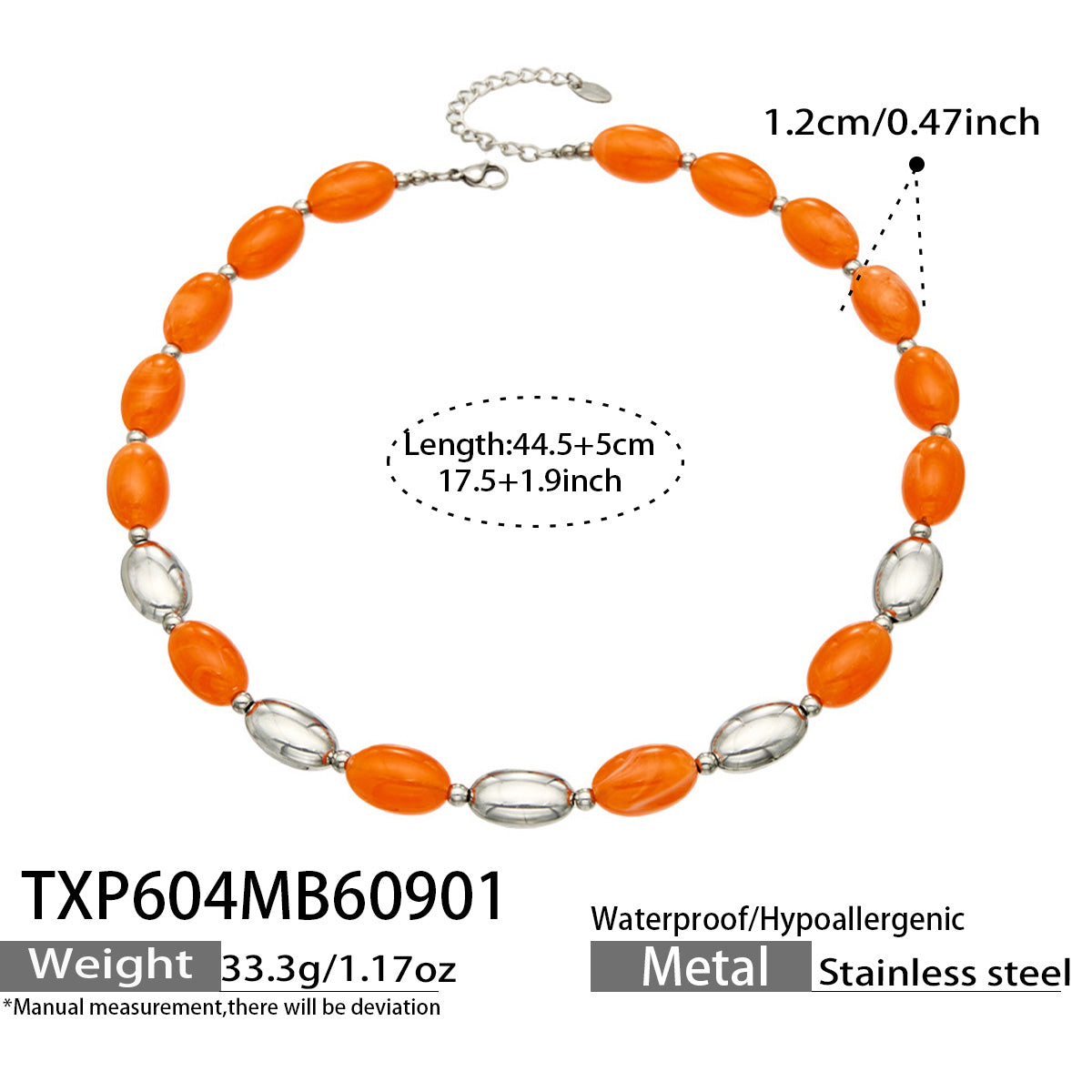 TXP604 Orange Resin Steel necklace with oval resin beads, polished steel accents and 44.5+5 cm length details