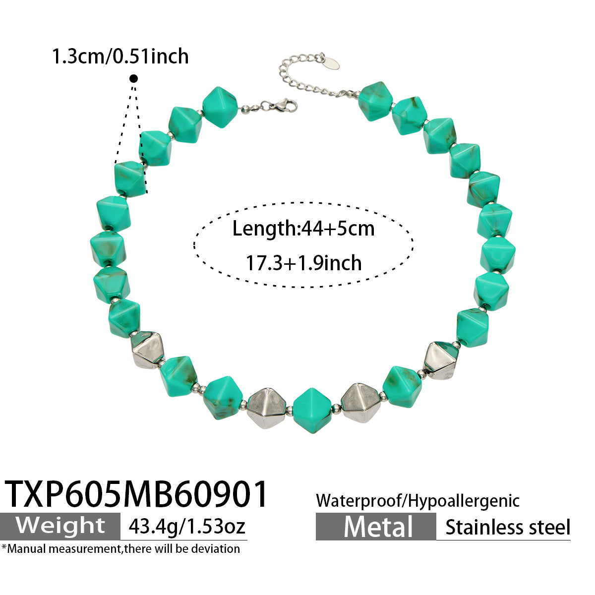 TXP605 Green Resin Steel necklace with faceted square beads and polished 316L stainless steel accents