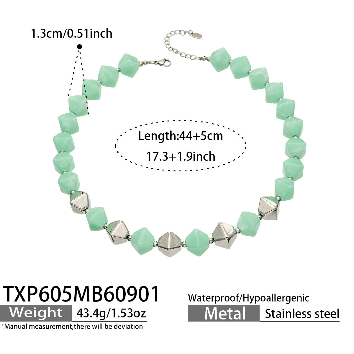 TXP605 Light Green Resin Steel necklace with faceted square beads and polished 316L stainless steel accents