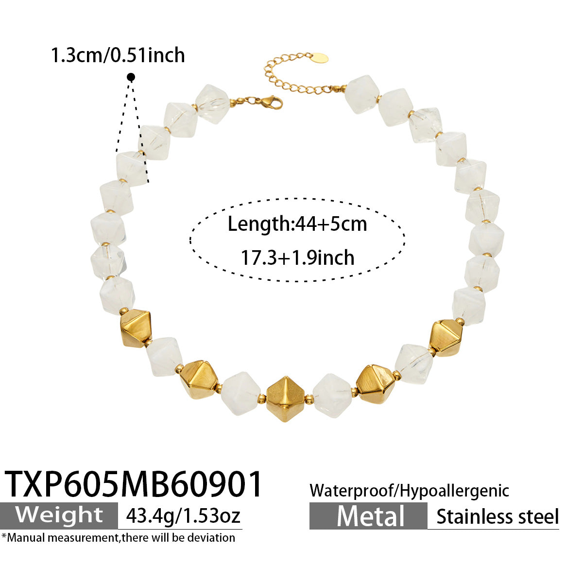 TXP605 White Resin Gold necklace with faceted square beads, 18K PVD gold stainless steel accents and 44+5 cm sizing