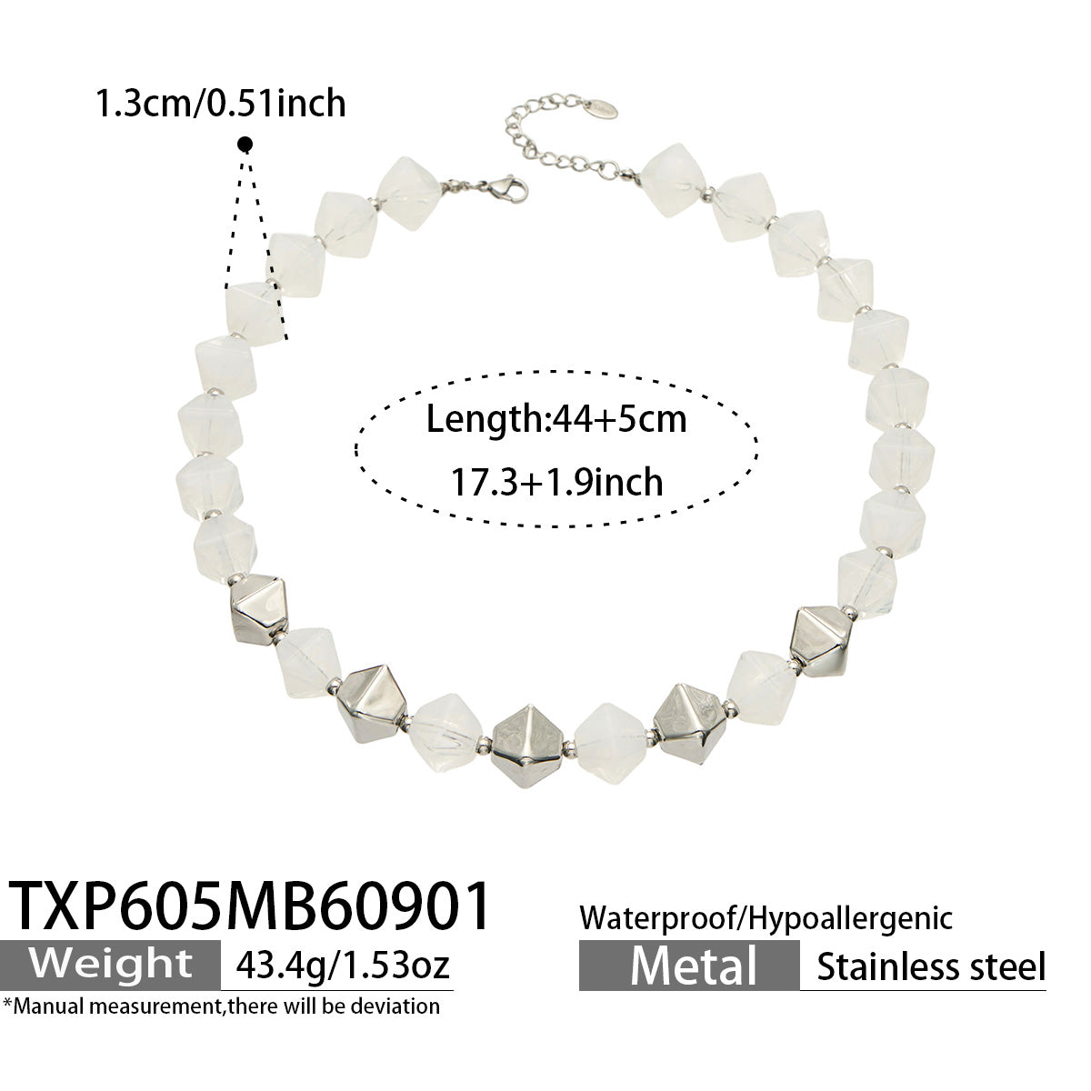 TXP605 White Resin Steel necklace with square resin beads, polished 316L stainless steel accents and size details