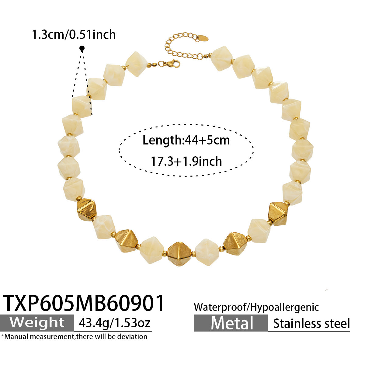 TXP605 Yellow Resin Gold necklace with faceted resin beads and 18K PVD gold 316L stainless steel accents