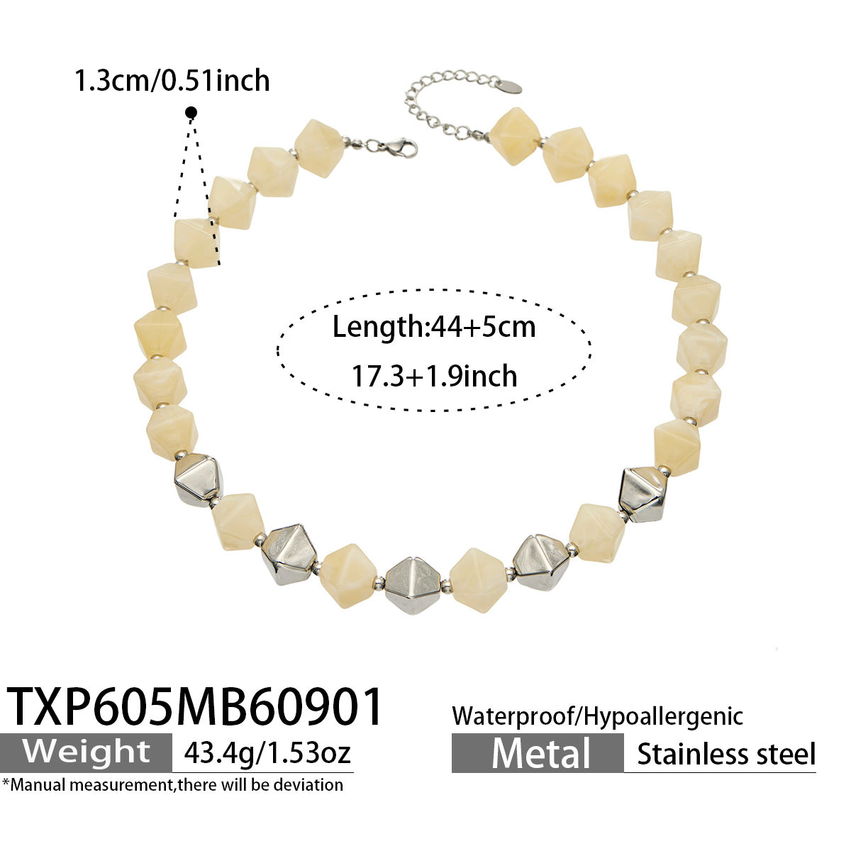 TXP605 Yellow Resin Steel necklace with faceted square beads and polished 316L stainless steel accents