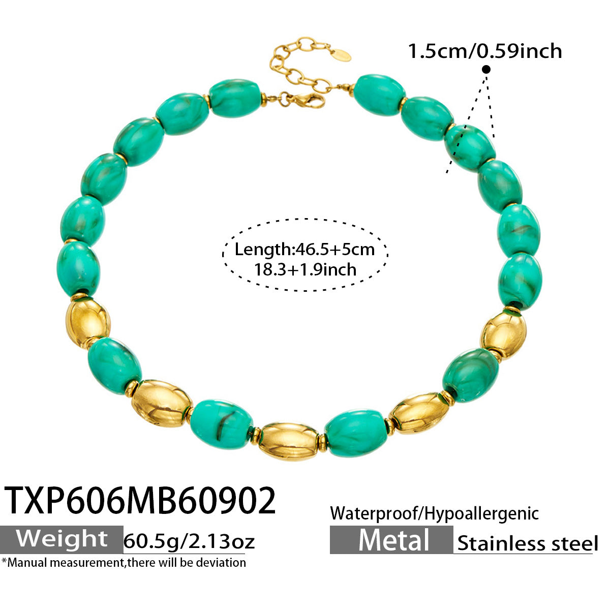 TXP606 Green Resin Gold necklace with resin beads, 18K PVD gold finish and 46.5+5 cm length details