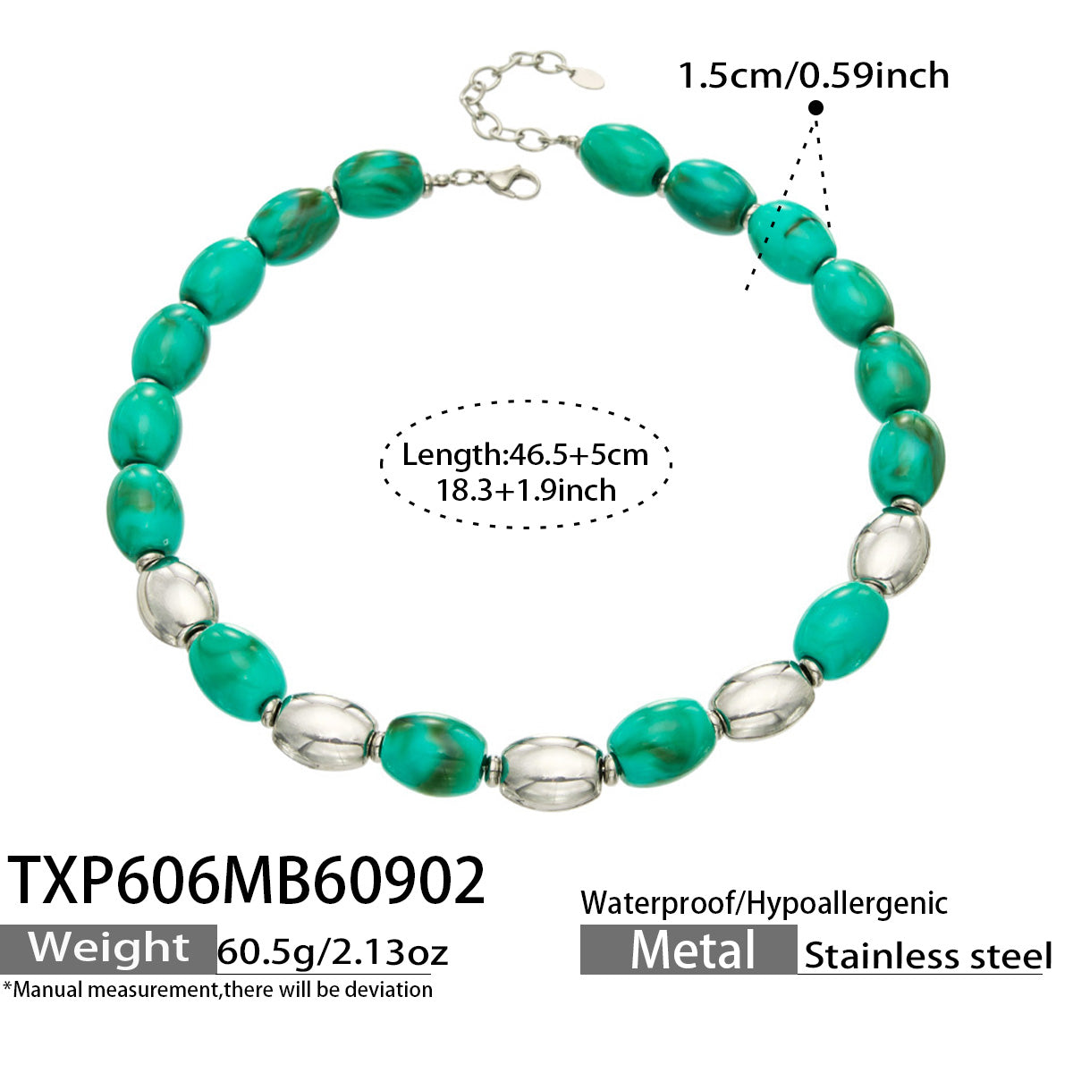 TXP606 Green Resin Steel necklace with resin beads, polished 316L stainless steel accents and 46.5+5 cm length details