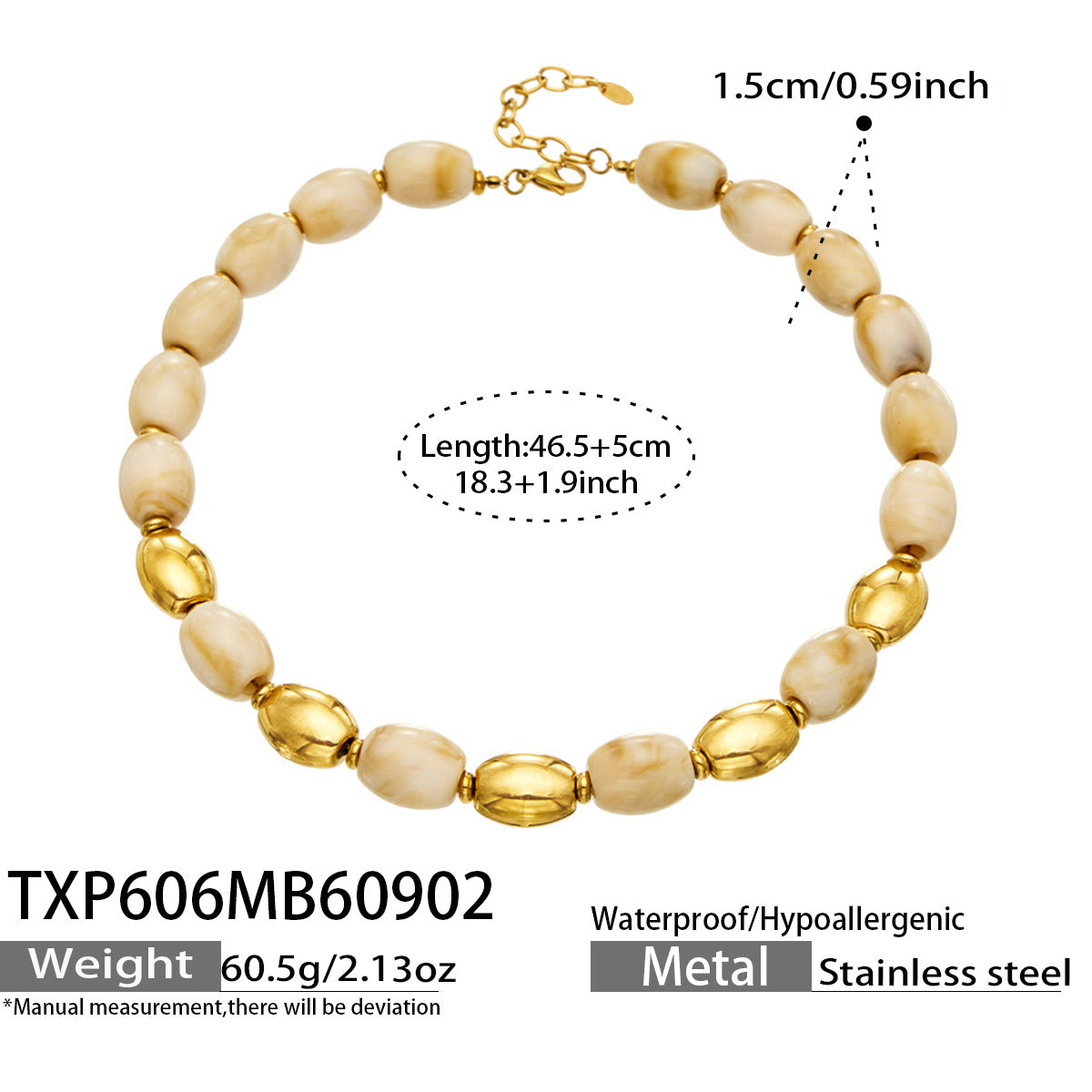 TXP606 Ivory Resin Gold necklace with resin beads, 18K PVD gold finish and 46.5+5 cm length details