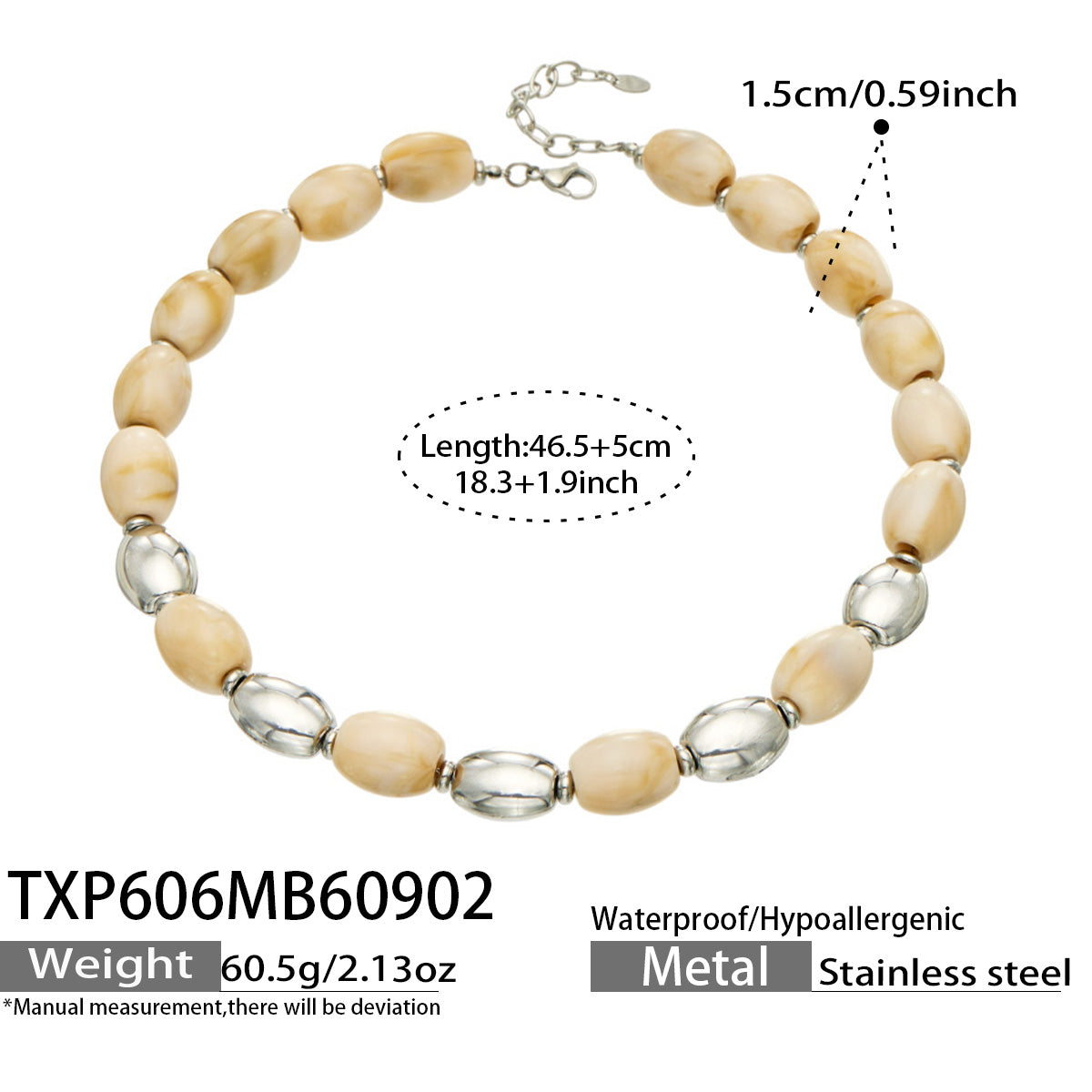 TXP606 Ivory Resin Steel necklace with resin beads, polished 316L stainless steel accents and 46.5+5 cm length details