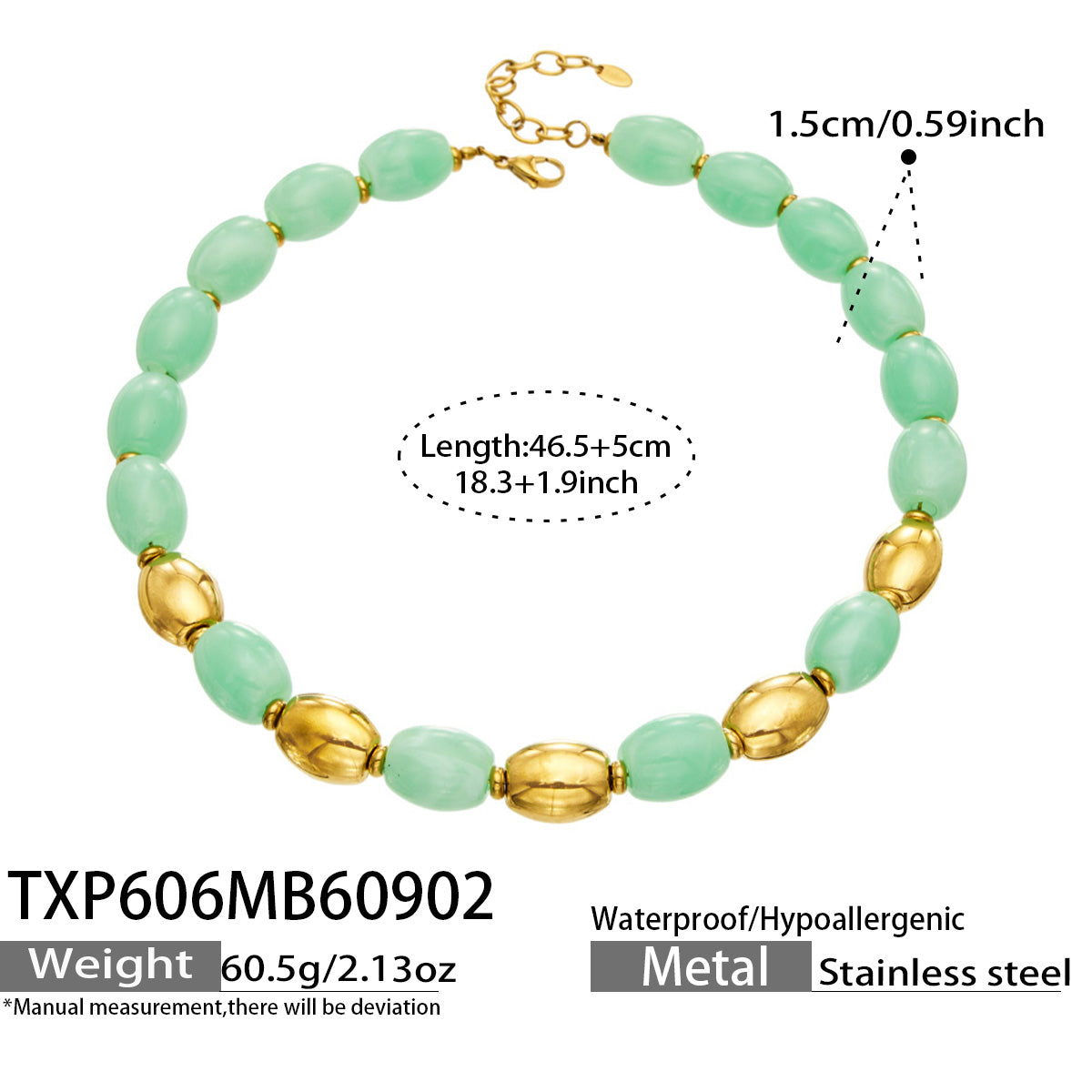 TXP606 Light Green Resin Gold necklace with resin beads, 18K PVD gold finish and 46.5+5 cm length details