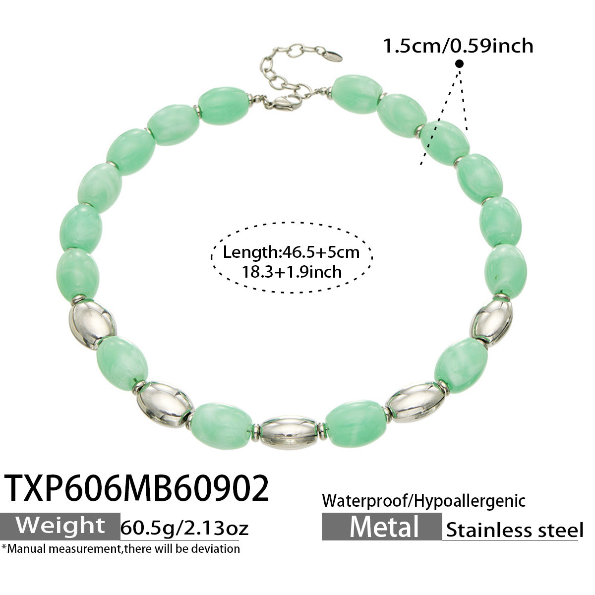 TXP606 Light Green Resin Steel necklace with resin beads, polished 316L stainless steel accents and 46.5+5 cm length details