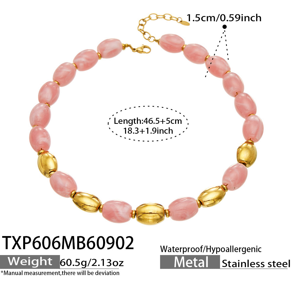TXP606 Pink Resin Gold necklace with resin beads, 18K PVD gold finish and 46.5+5 cm length details