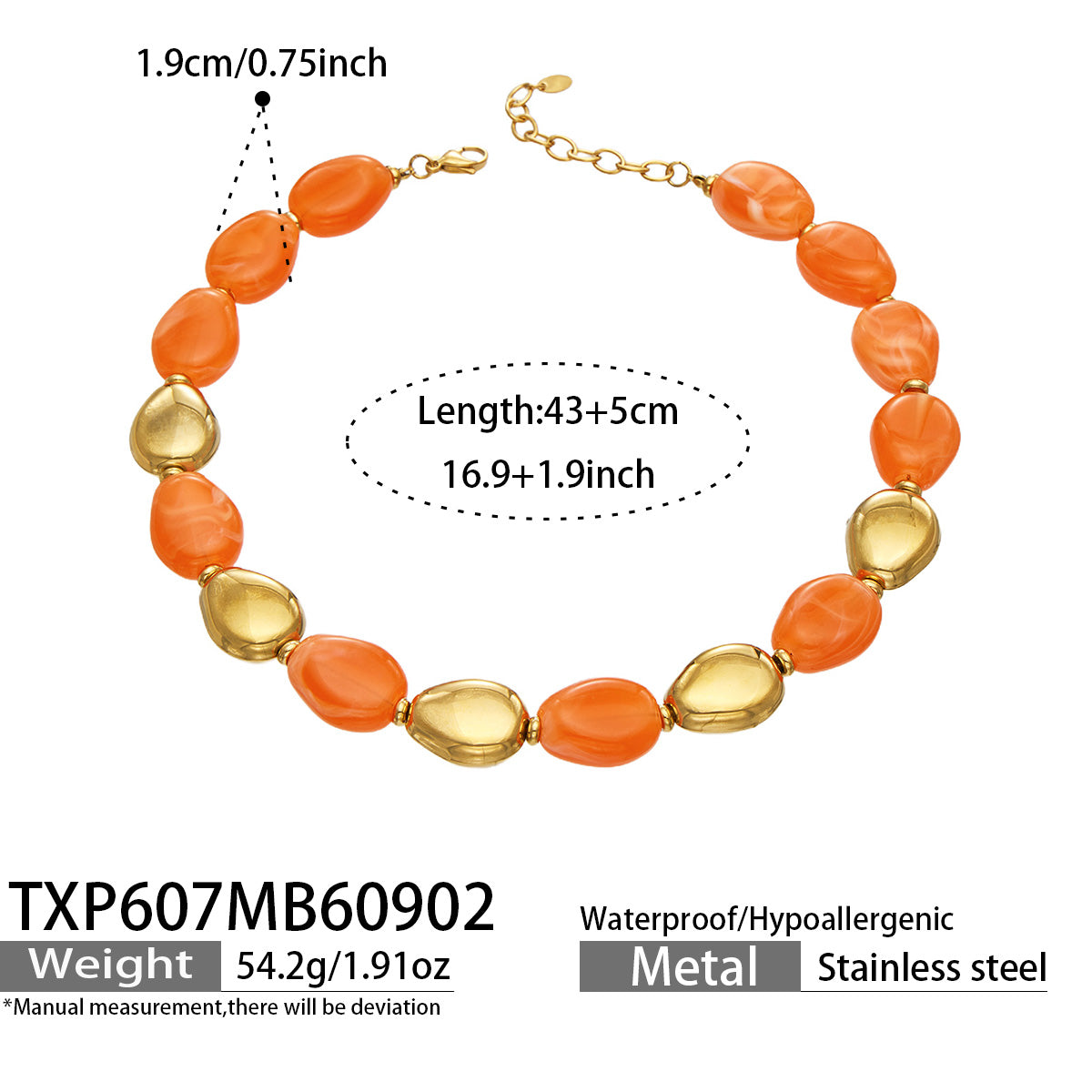 TXP607 Champagne Resin Gold necklace with orange-toned beads, 18K PVD gold accents and 43+5 cm adjustable length shown on a product size card