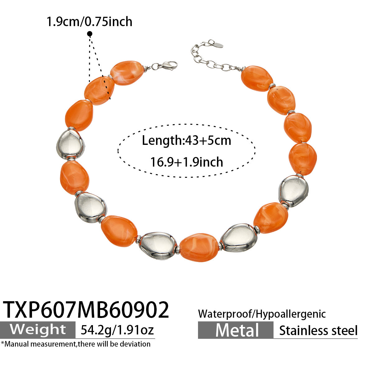 TXP607 Champagne Resin Steel necklace with orange-toned beads, polished stainless steel accents and 43+5 cm adjustable length shown on a product size card
