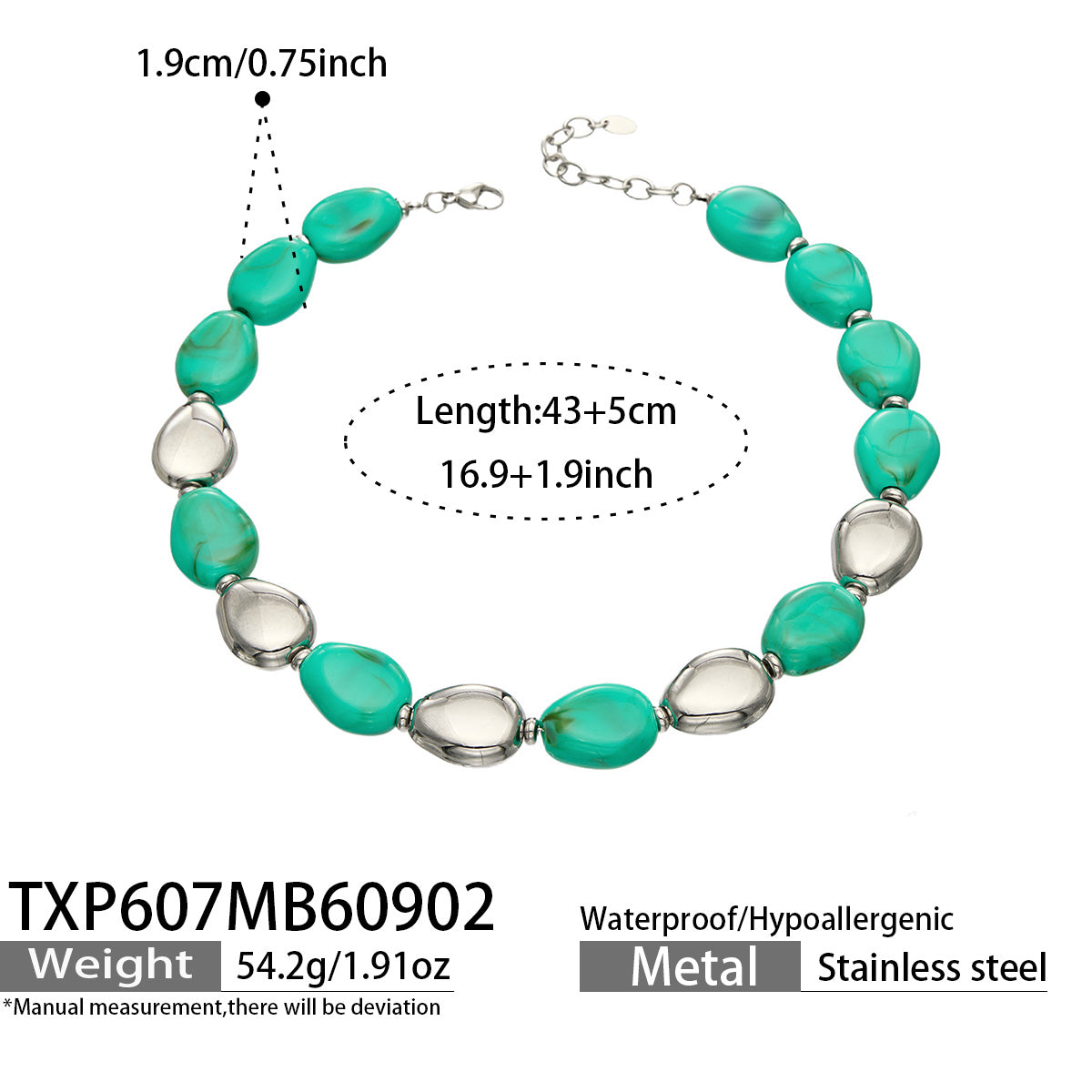 TXP607 Green Resin Steel necklace, polished stainless steel accents and 43+5 cm adjustable length shown on a product size card