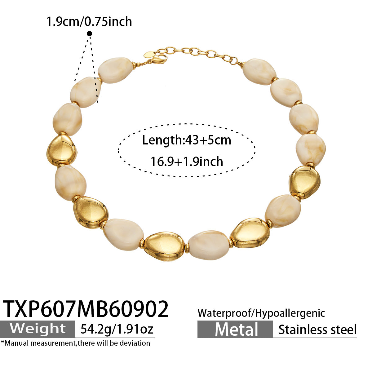 TXP607 Ivory Resin Gold necklace, 18K PVD gold accents and 43+5 cm adjustable length shown on a product size card