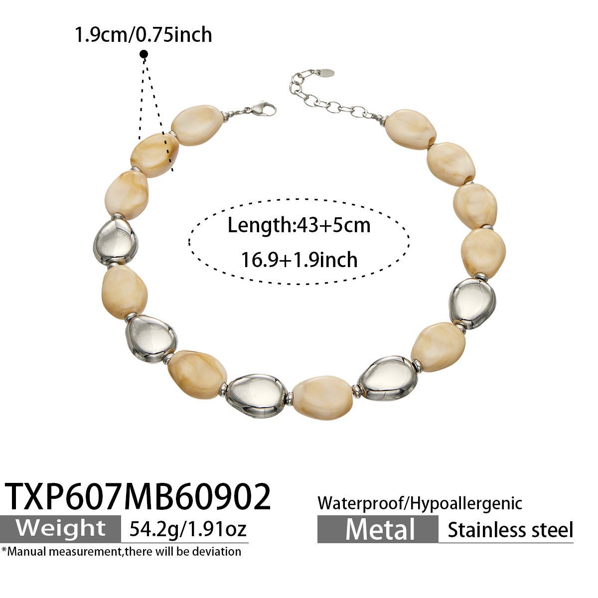 TXP607 Ivory Resin Steel necklace, polished stainless steel accents and 43+5 cm adjustable length shown on a product size card