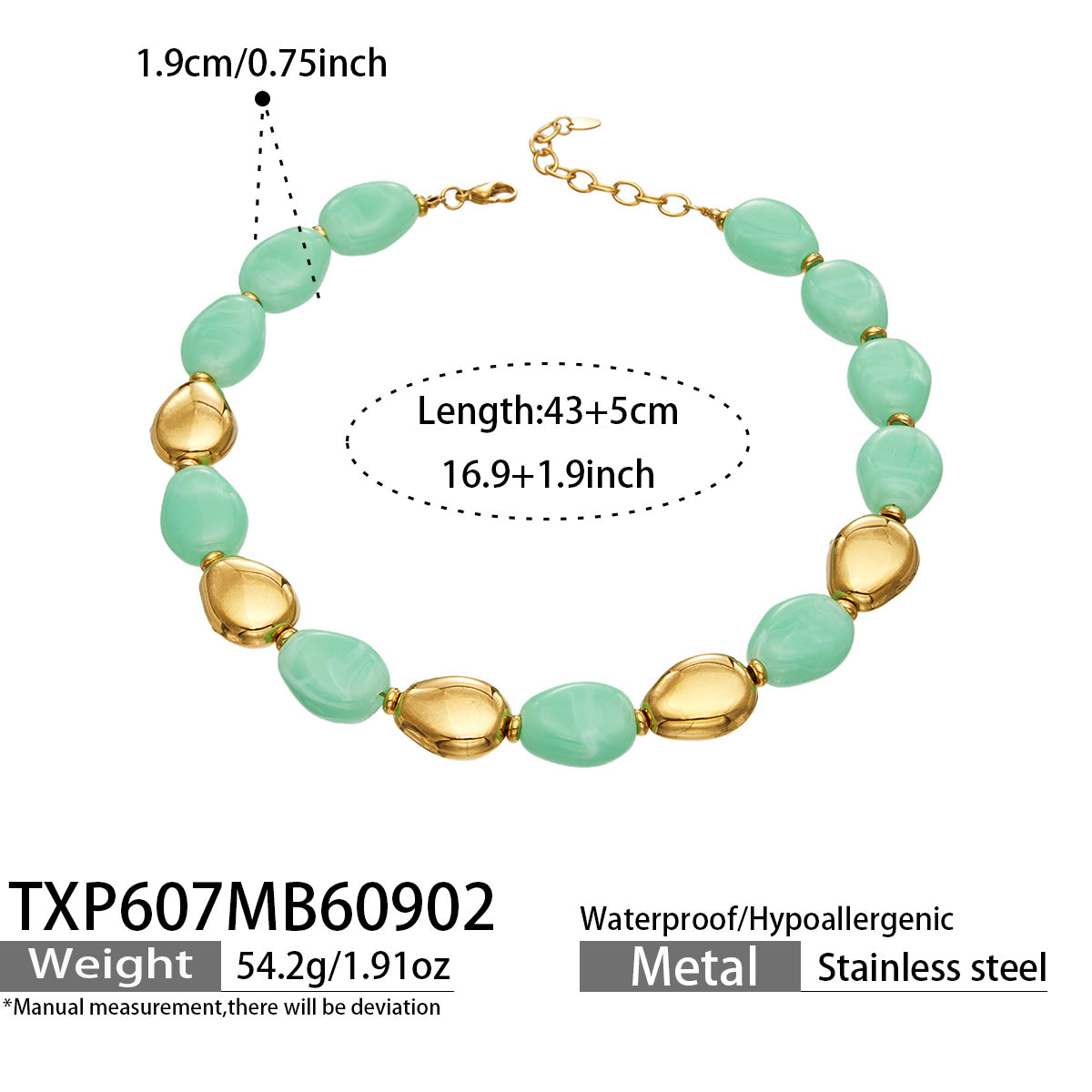 TXP607 Light Green Resin Gold necklace, 18K PVD gold accents and 43+5 cm adjustable length shown on a product size card