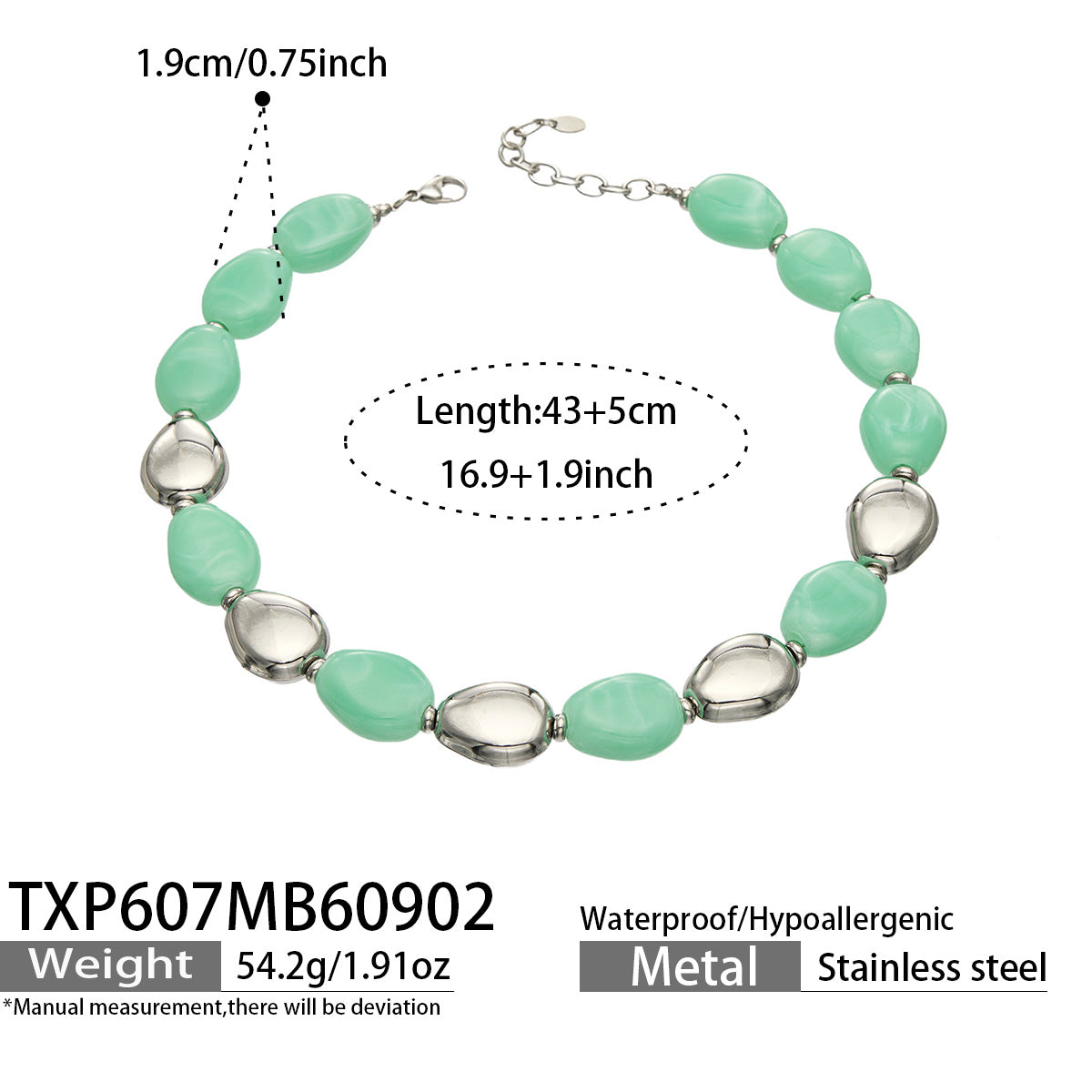 TXP607 Light Green Resin Steel necklace, polished stainless steel accents and 43+5 cm adjustable length shown on a product size card