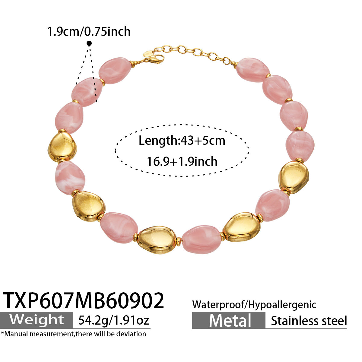 TXP607 Pink Resin Gold necklace, 18K PVD gold accents and 43+5 cm adjustable length shown on a product size card