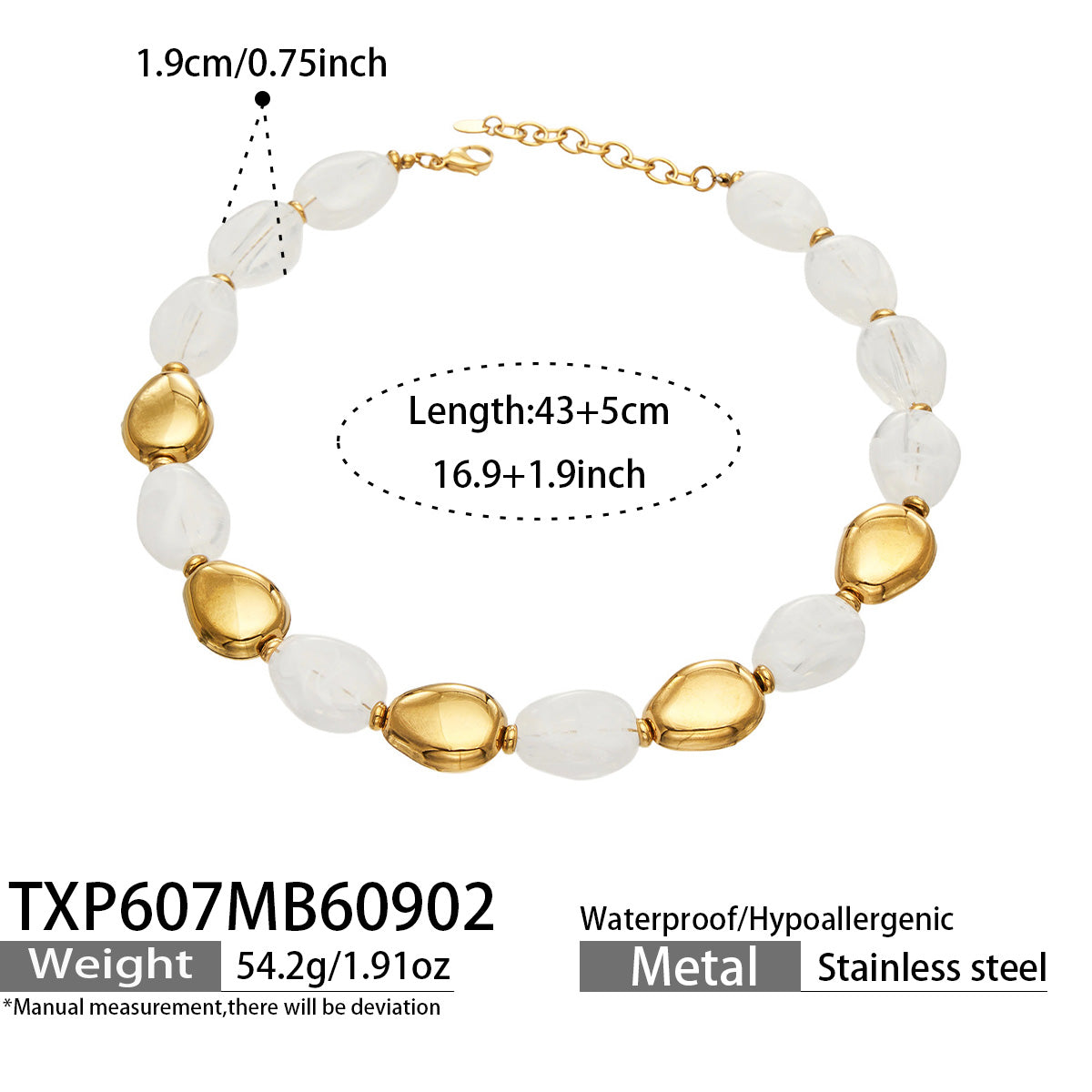 TXP607 White Resin Gold necklace, 18K PVD gold accents and 43+5 cm adjustable length shown on a product size card