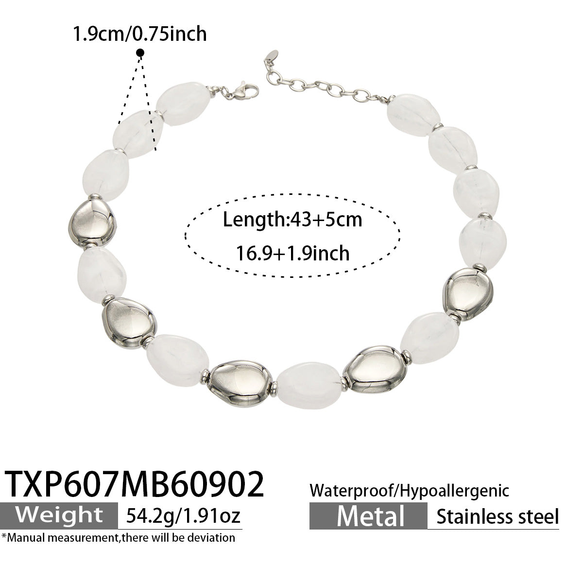 TXP607 White Resin Steel necklace, polished stainless steel accents and 43+5 cm adjustable length shown on a product size card