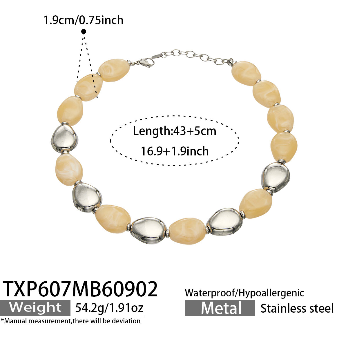 TXP607 Yellow Resin Steel necklace, polished stainless steel accents and 43+5 cm adjustable length shown on a product size card