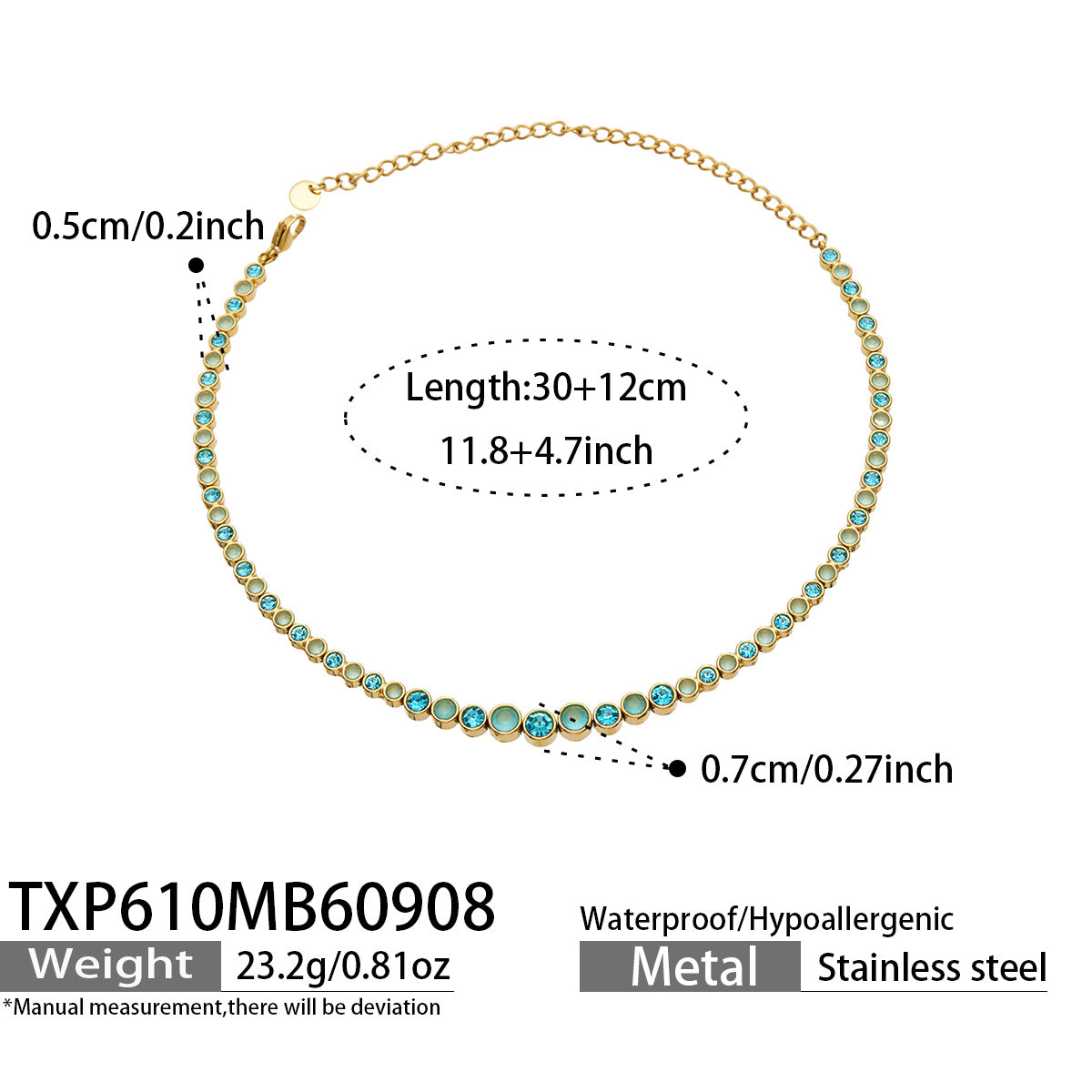 TXP610 blue zircon gold-tone necklace size details, 30+12 cm