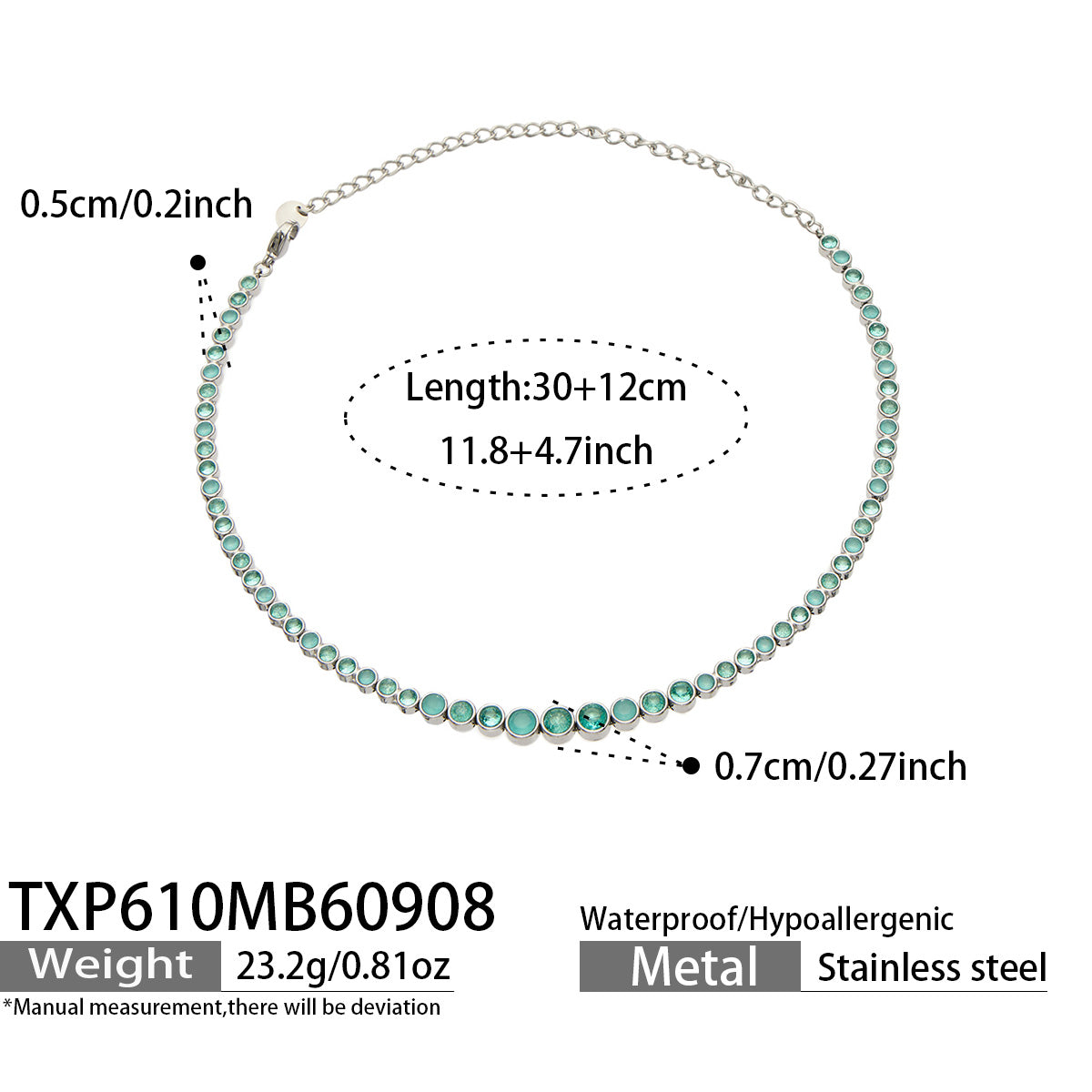 TXP610 green zircon steel-tone necklace size details, 30+12 cm