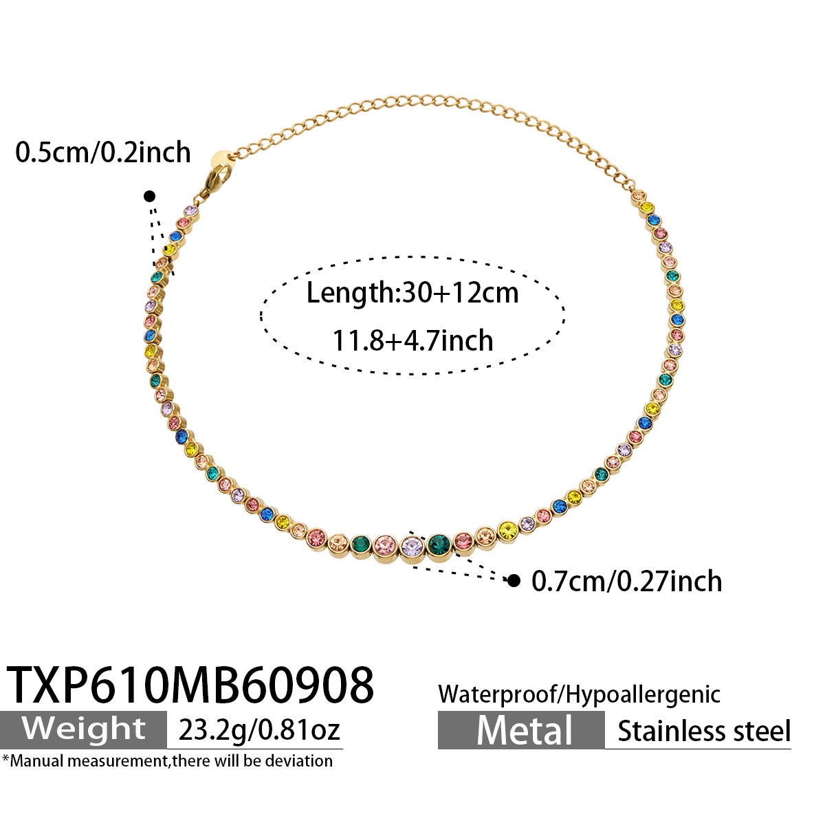 TXP610 multicolor zircon gold-tone necklace size details, 30+12 cm