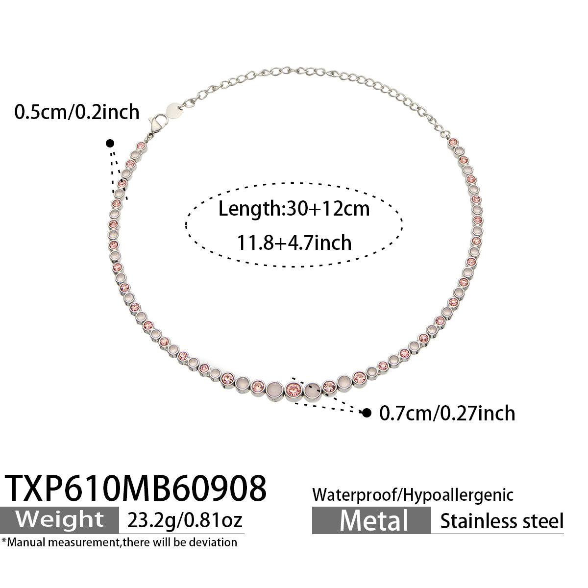 TXP610 pink zircon steel-tone necklace size details, 30+12 cm